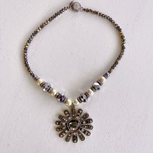 Gray and Pearl crystal medallion necklace